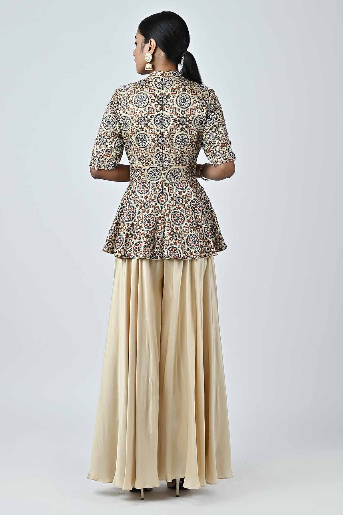 Beige Ajrakh Peplum Jumpsuit