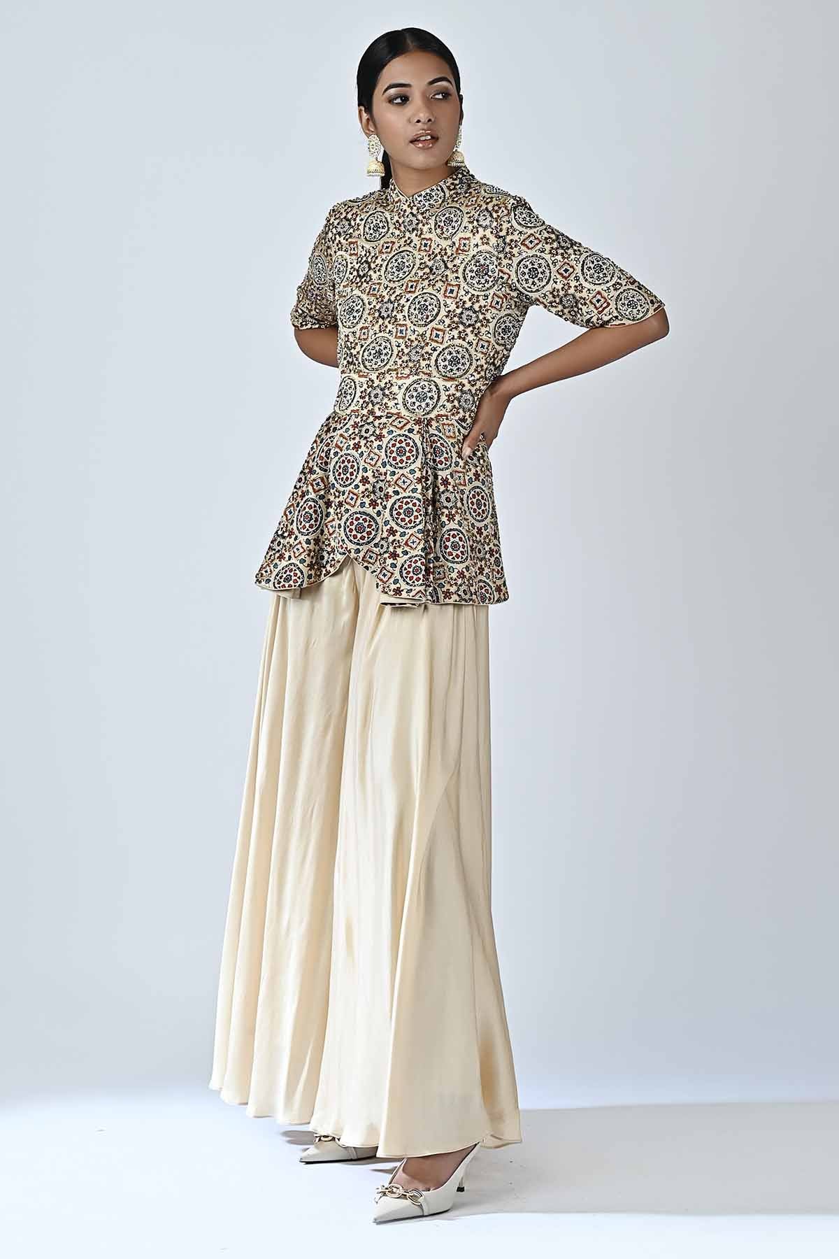 Beige Ajrakh Peplum Jumpsuit