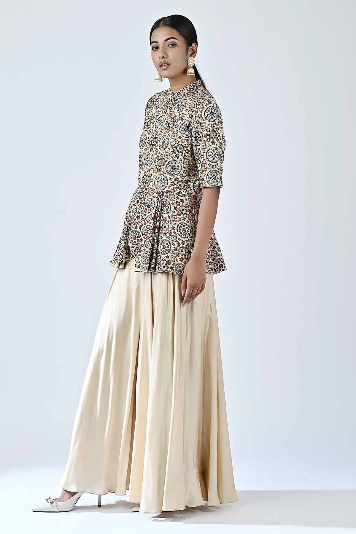 Beige Ajrakh Peplum Jumpsuit