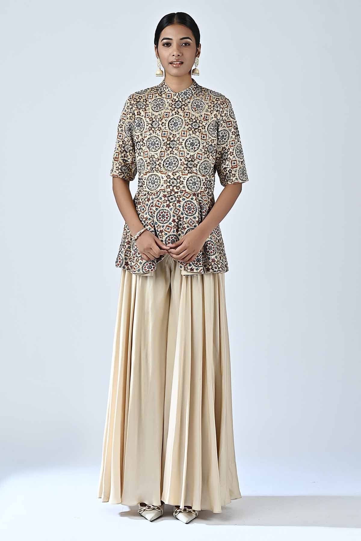 Beige Ajrakh Peplum Jumpsuit