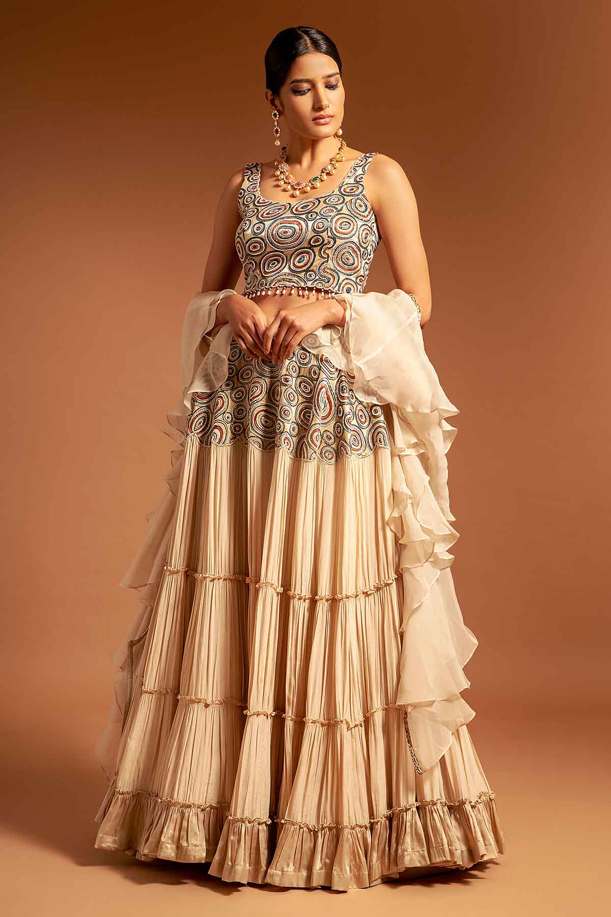 Buy Beige Ajrakh Print Lehenga Set by Sejal Kamdar at ScrollnShops