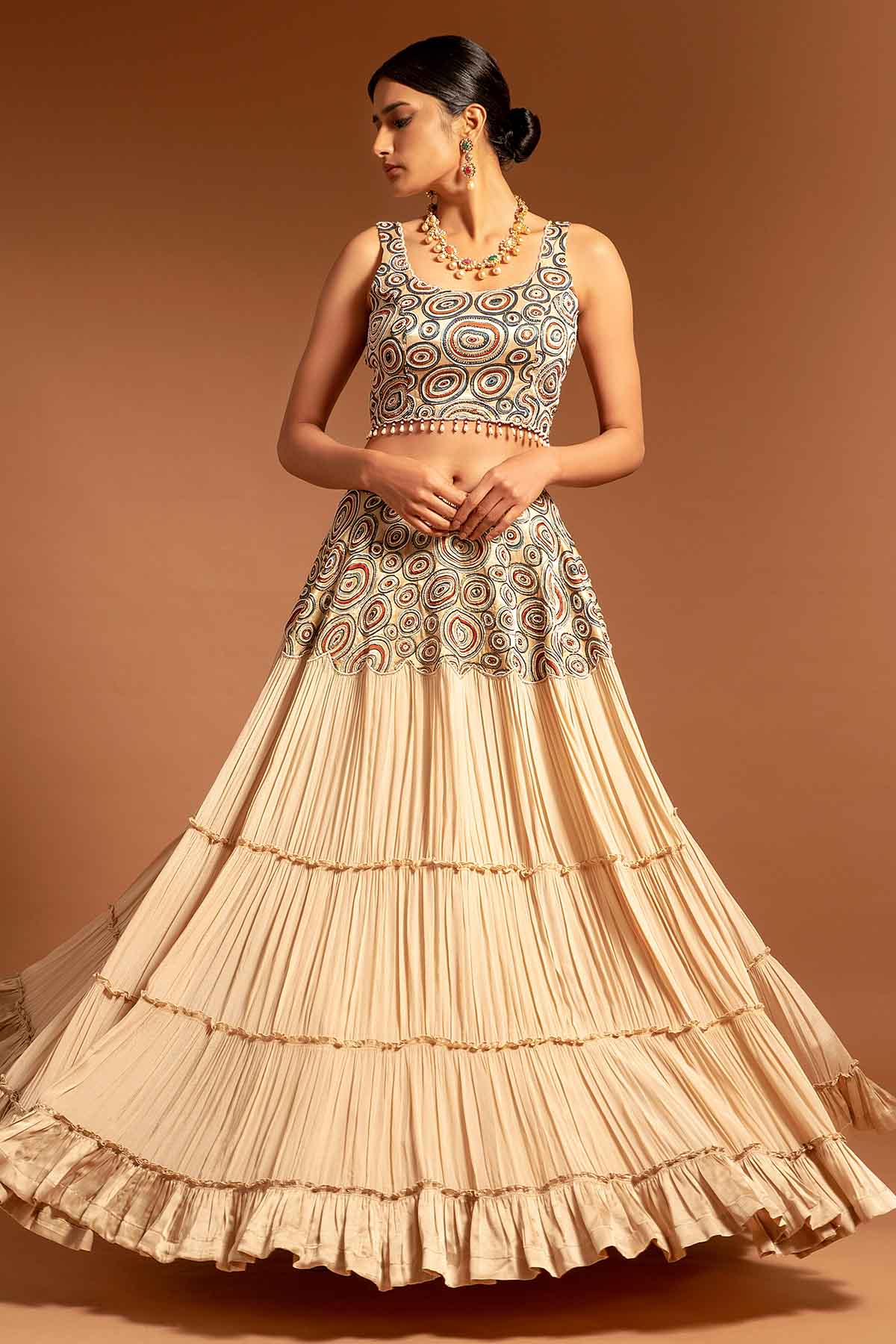 Beige Ajrakh Print Lehenga Set