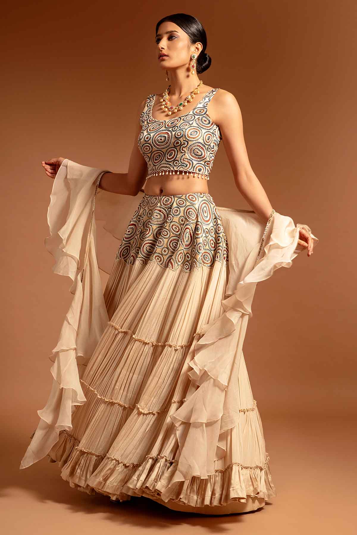 Beige Ajrakh Print Lehenga Set