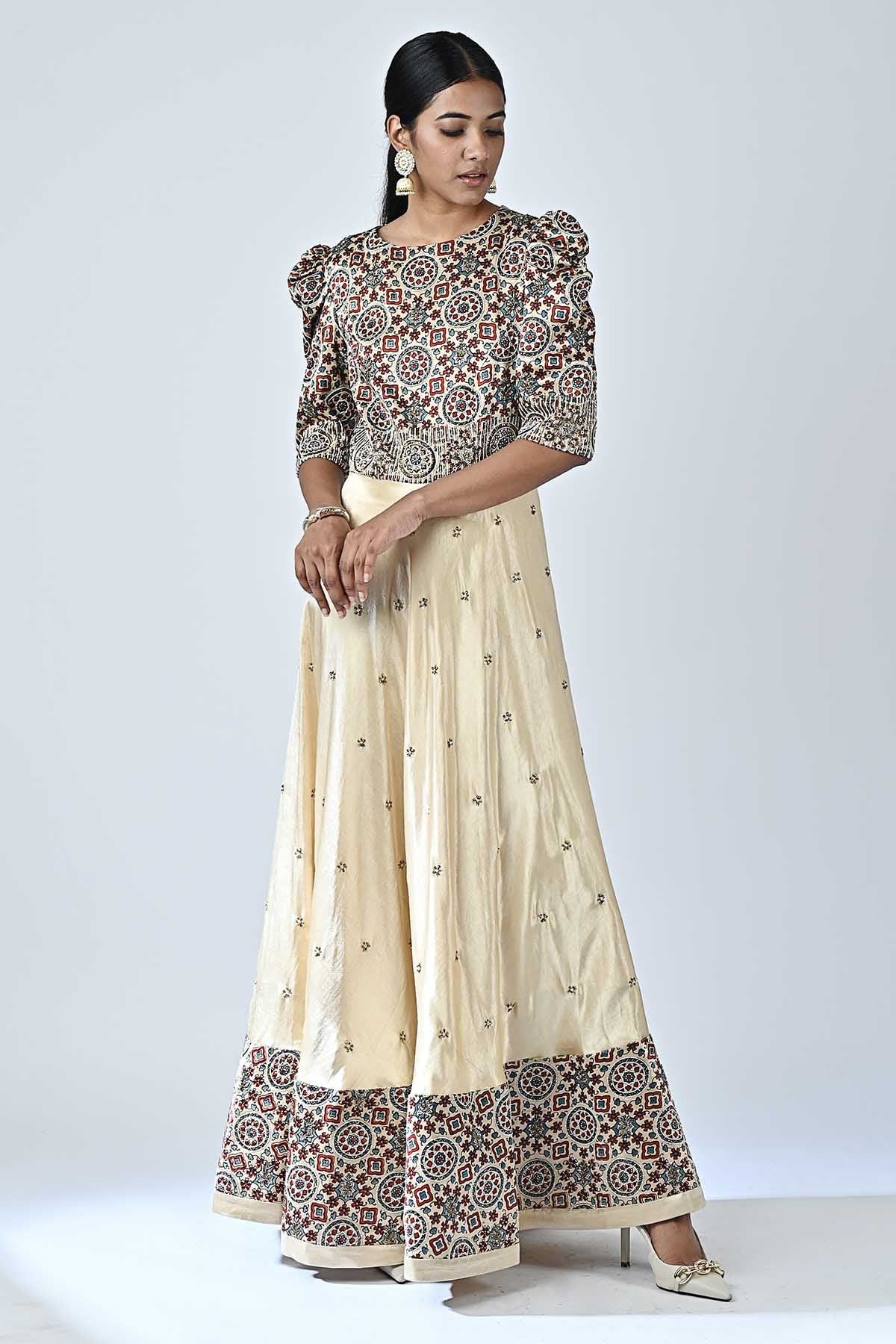 Beige Ajrakh Printed Anarkali