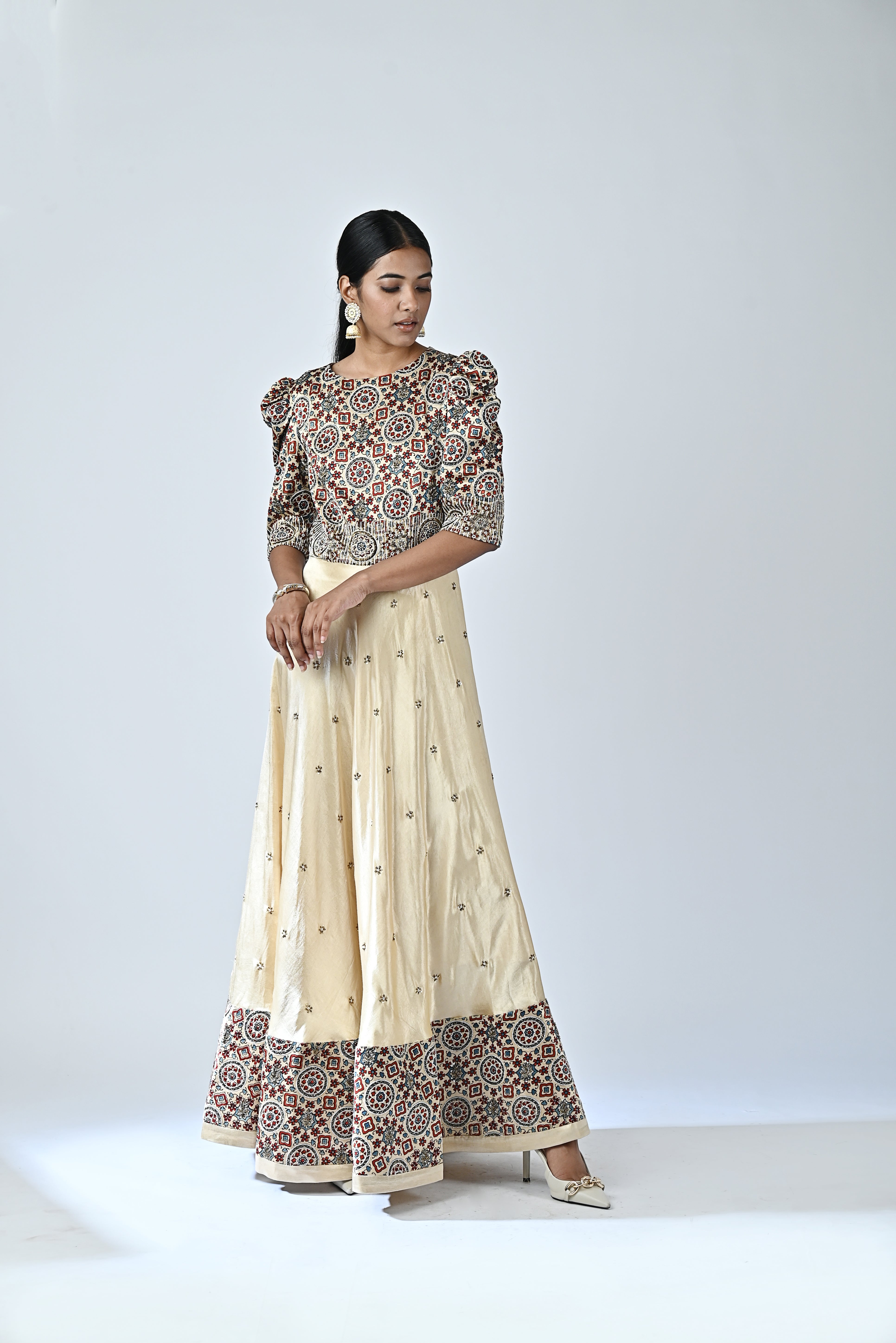 Buy Beige Ajrakh Printed Anarkali by Sejal Kamdar for women online at ScrollnShops