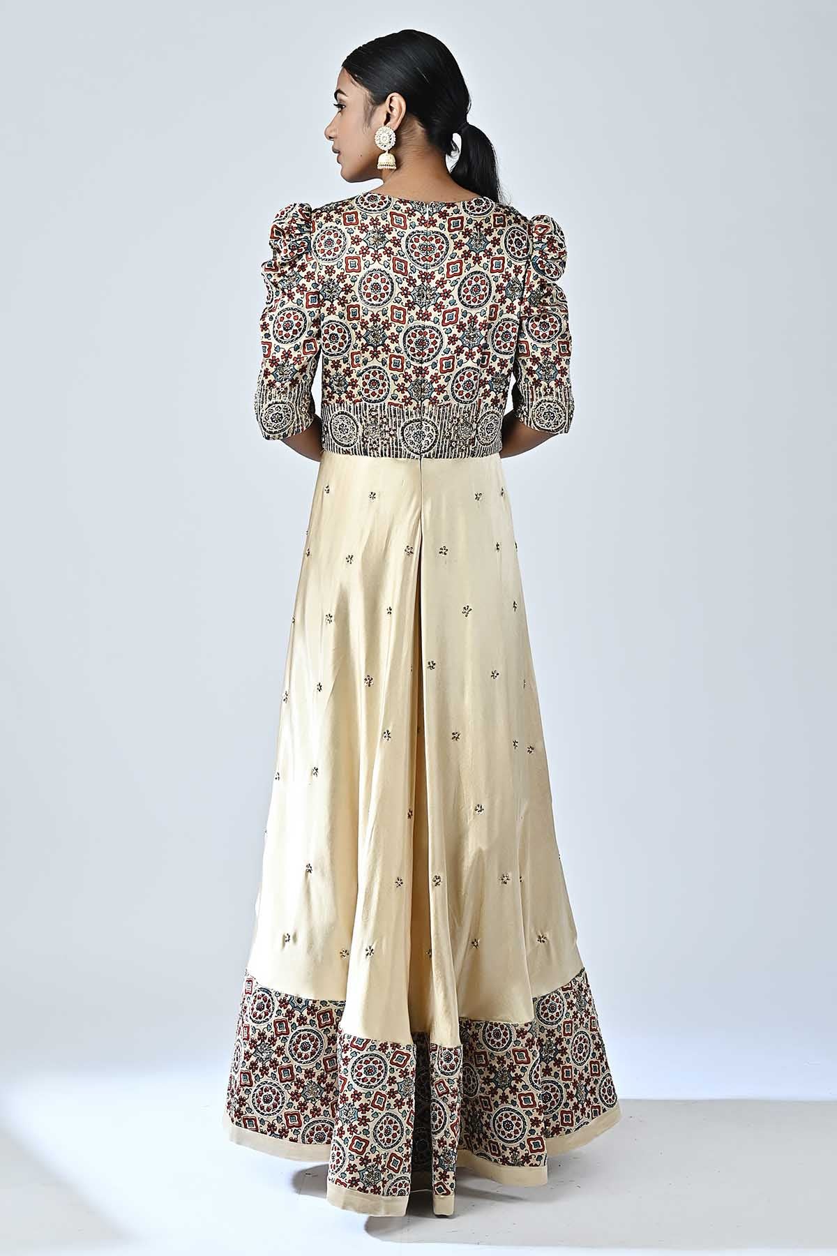 Beige Ajrakh Printed Anarkali