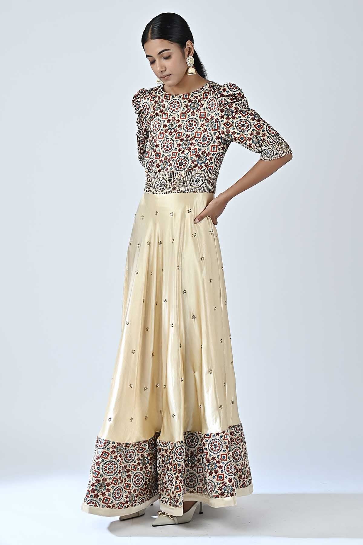 Beige Ajrakh Printed Anarkali