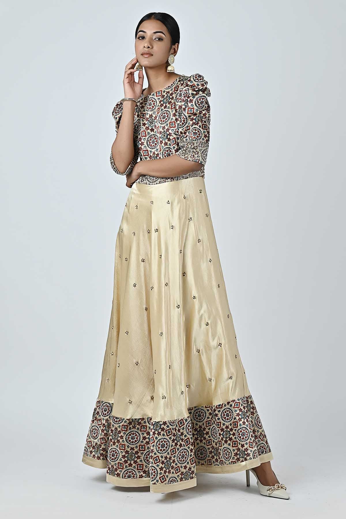 Beige Ajrakh Printed Anarkali