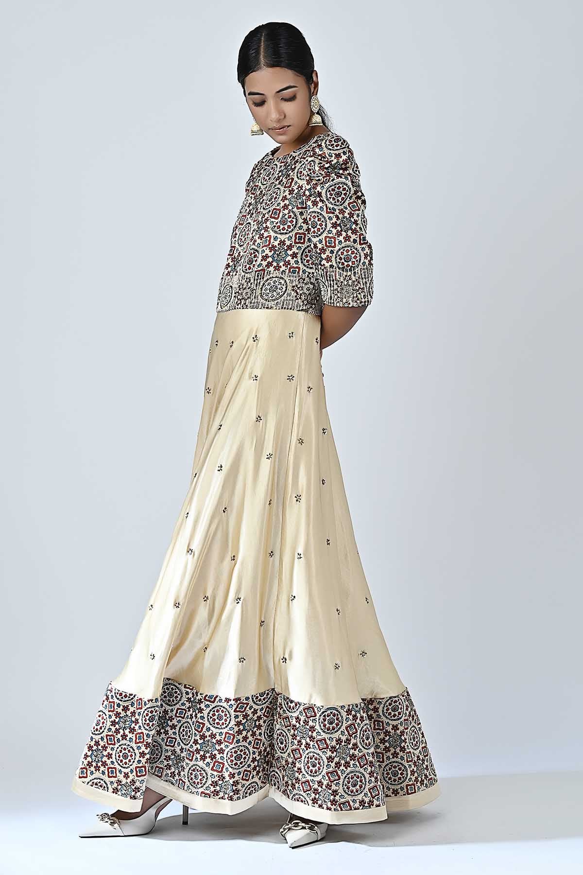 Beige Ajrakh Printed Anarkali