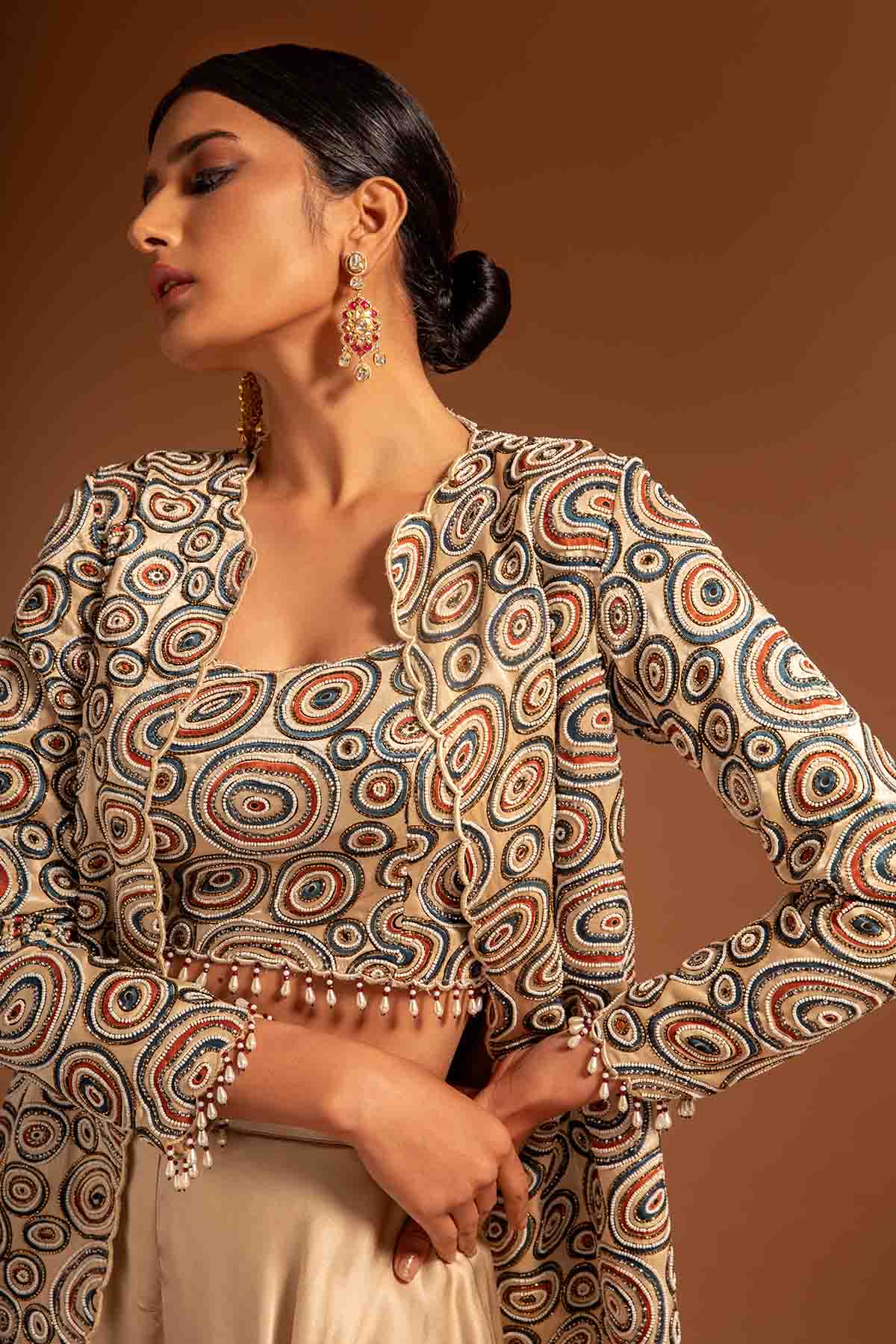 Beige Ajrakh Printed Jacket Set