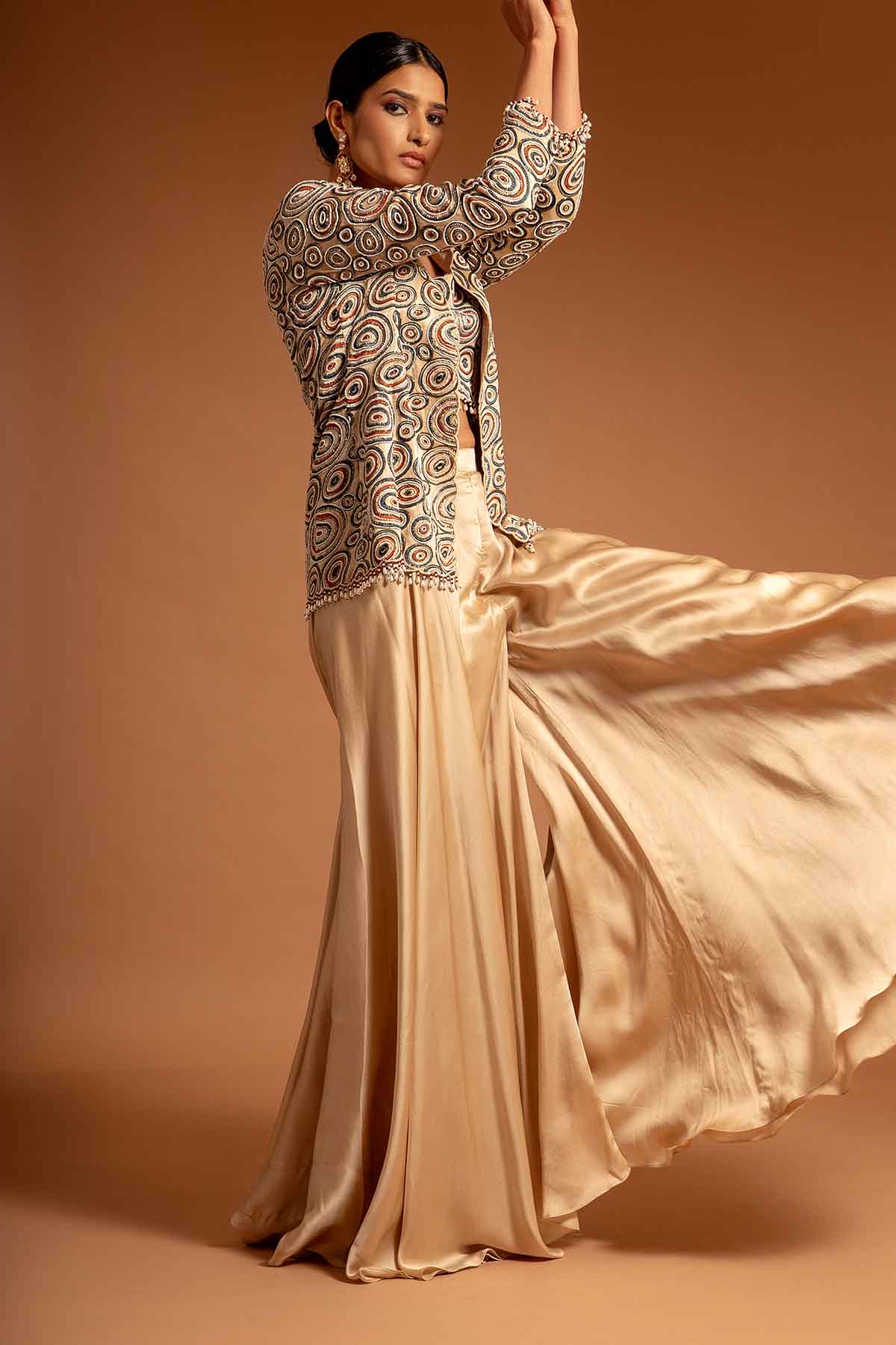 Beige Ajrakh Printed Jacket Set