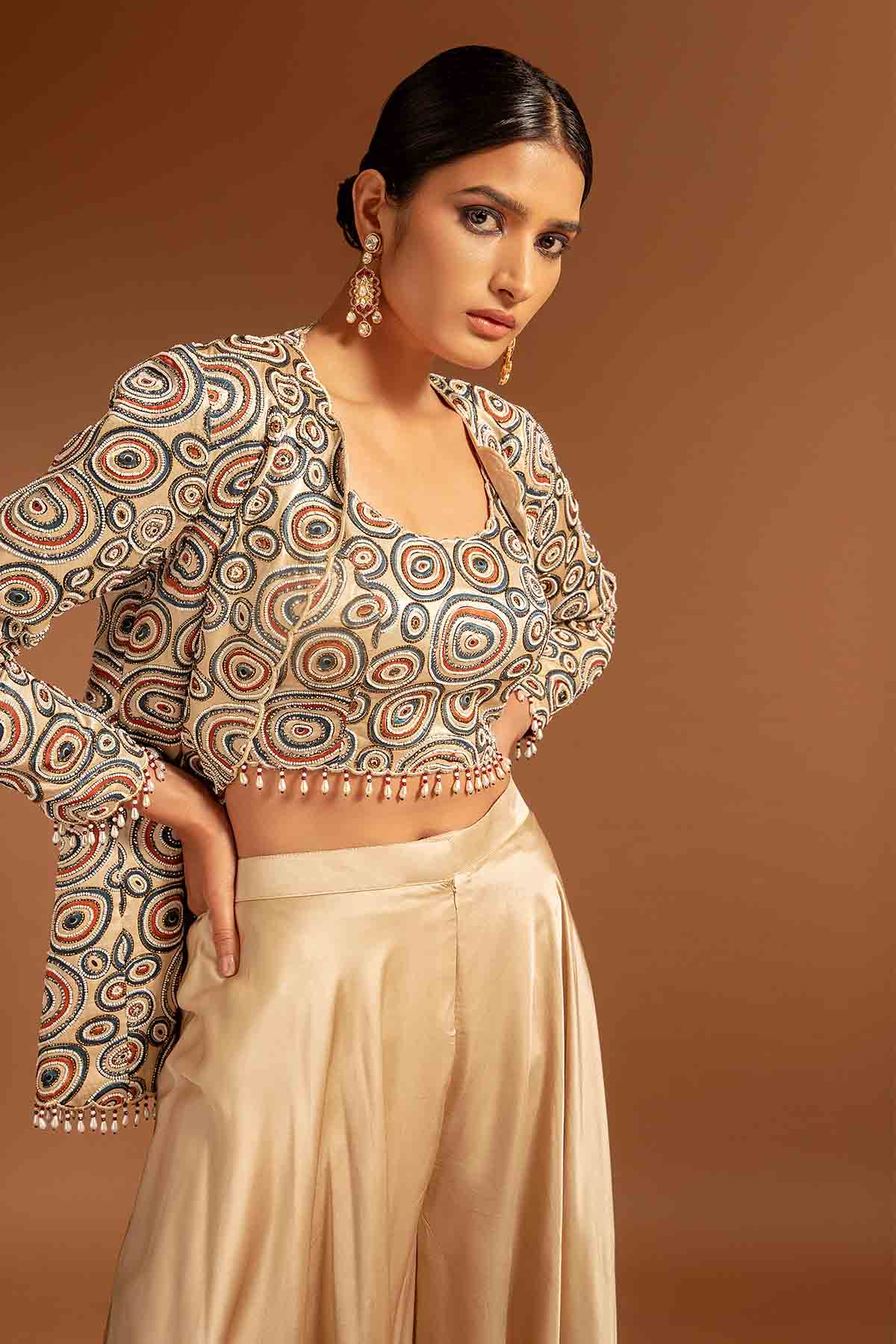 Beige Ajrakh Printed Jacket Set