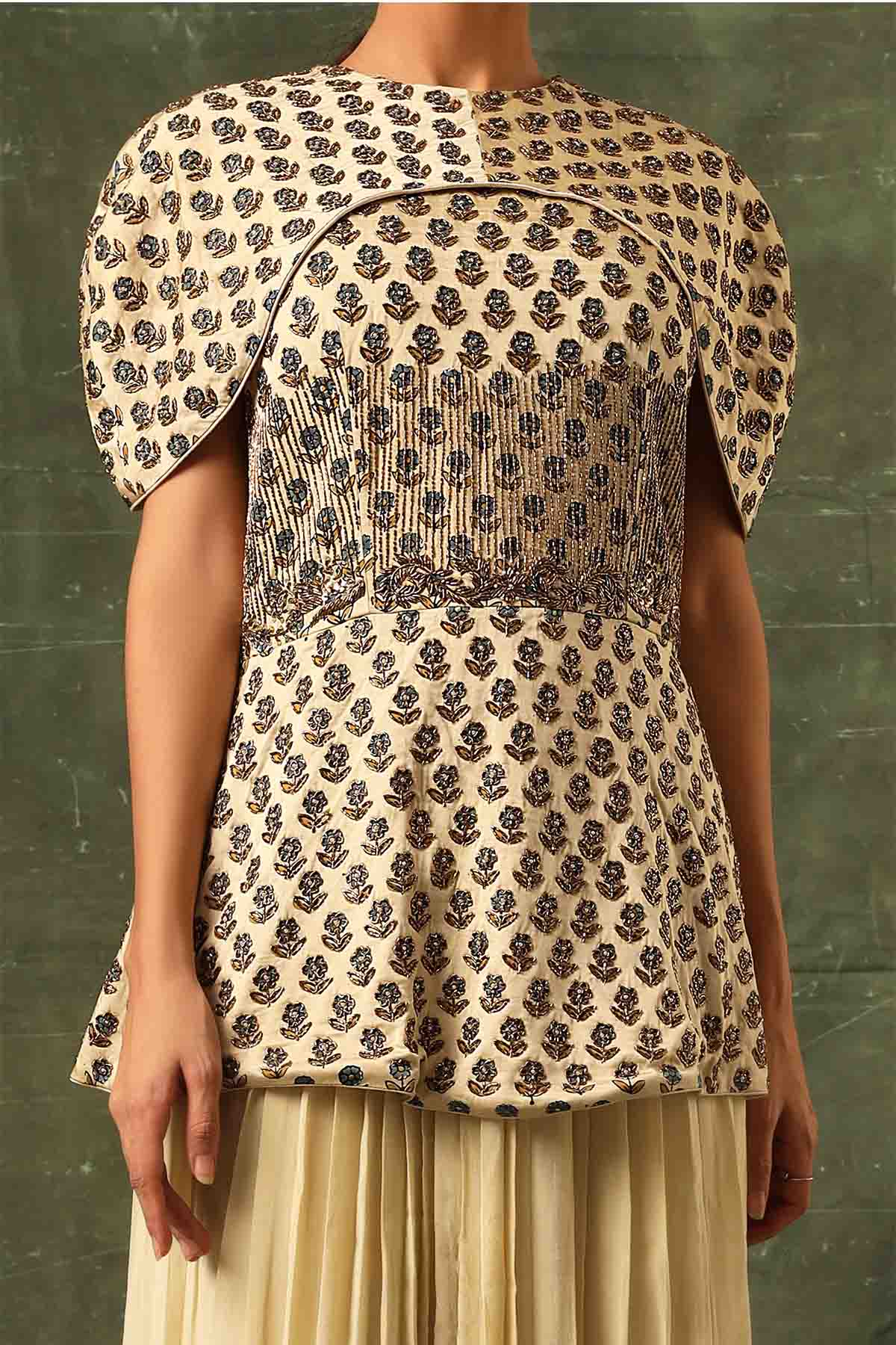 Beige Ajrakh Top & Pleated Pants