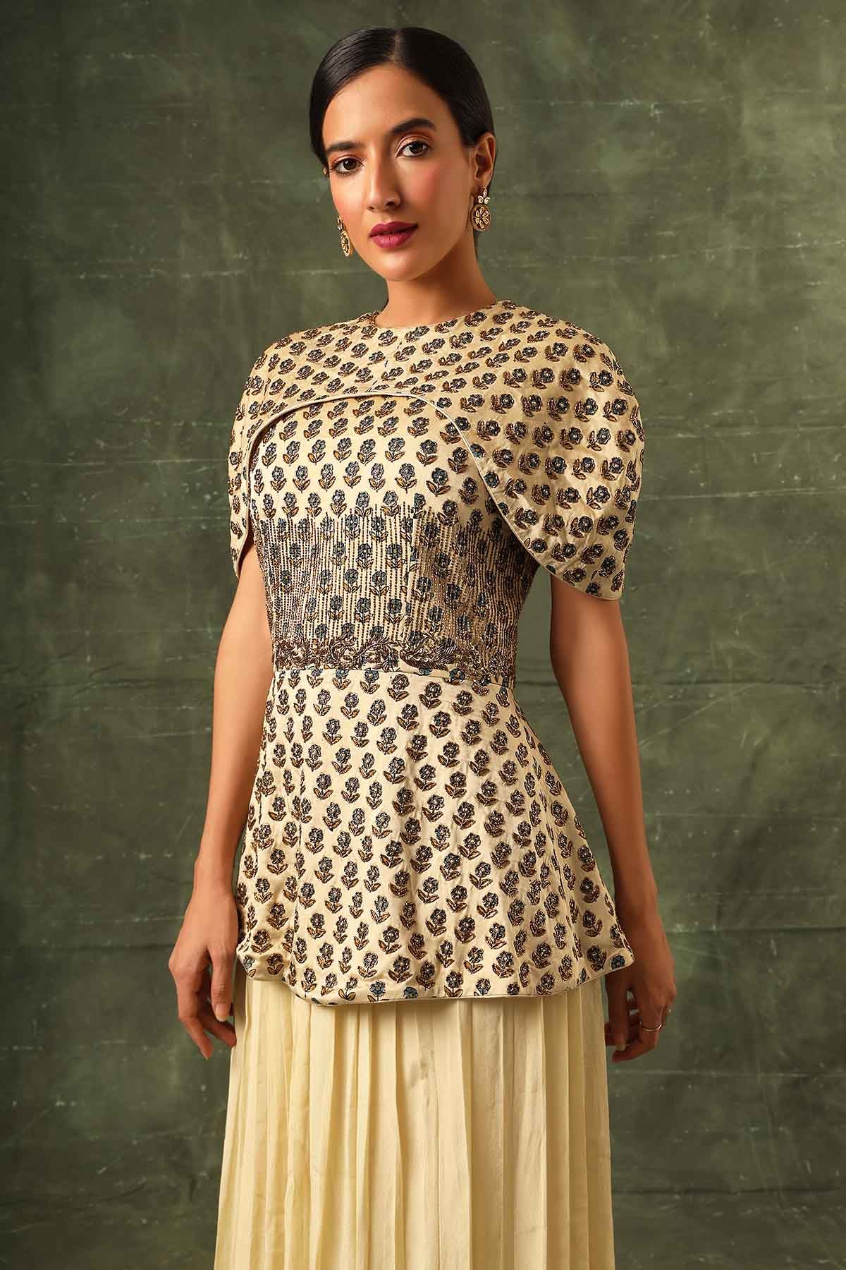 Beige Ajrakh Top & Pleated Pants