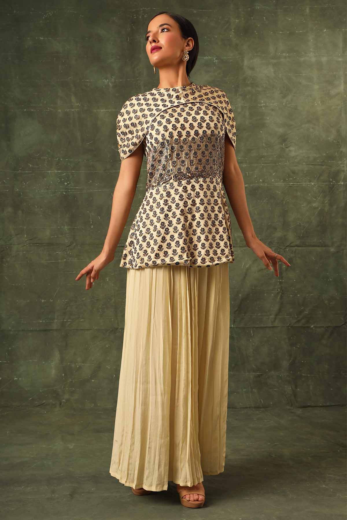 Sejal Kamdar Beige Ajrakh Top & Pleated Pants for women online at ScrollnShops