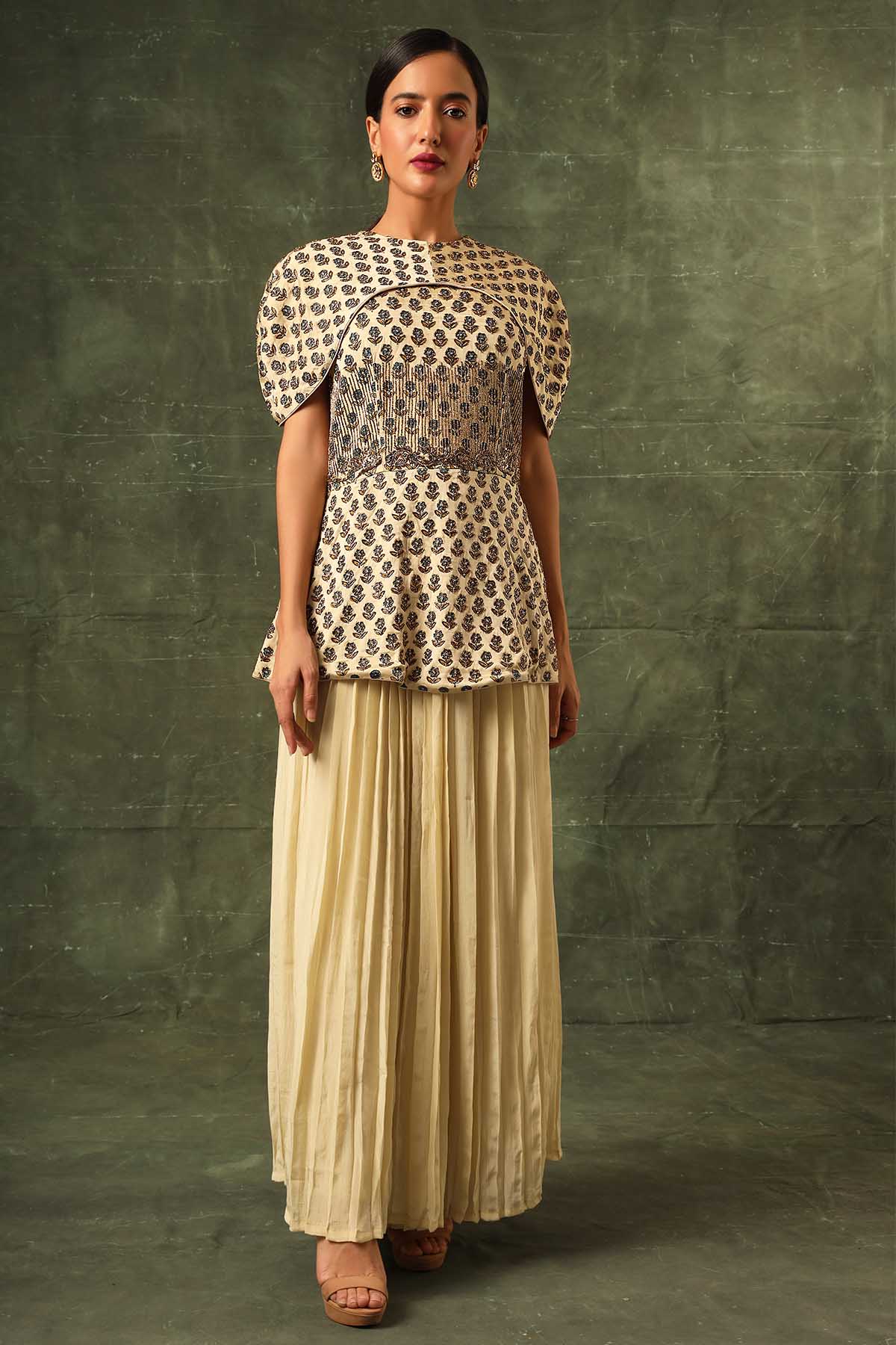 Beige Ajrakh Top & Pleated Pants