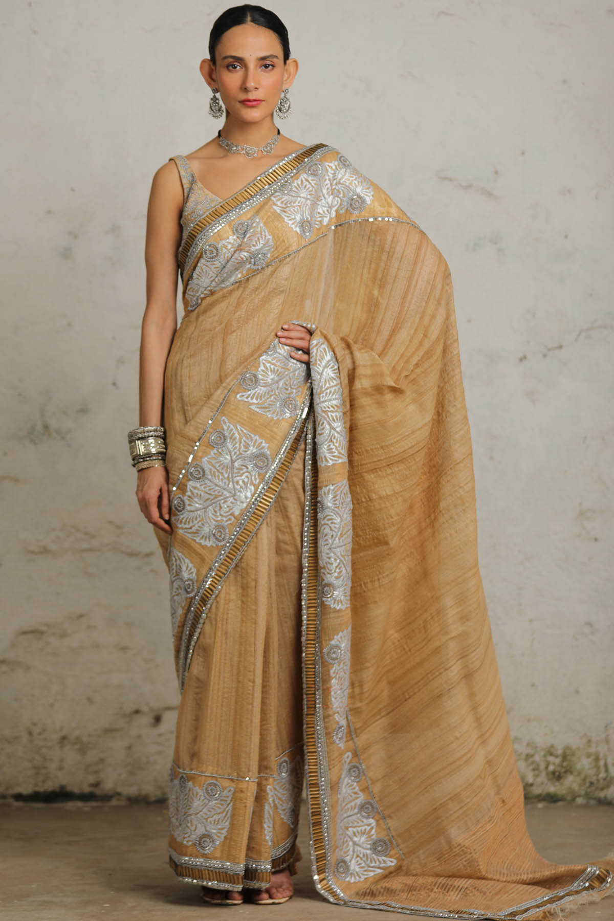 Saksham Neharicka Beige Applique Saree & Blouse for women online at ScrollnShops