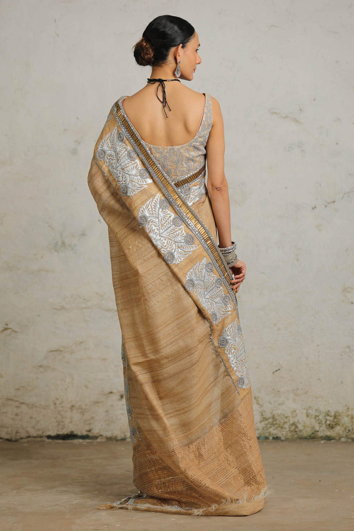 Beige Applique Saree & Blouse