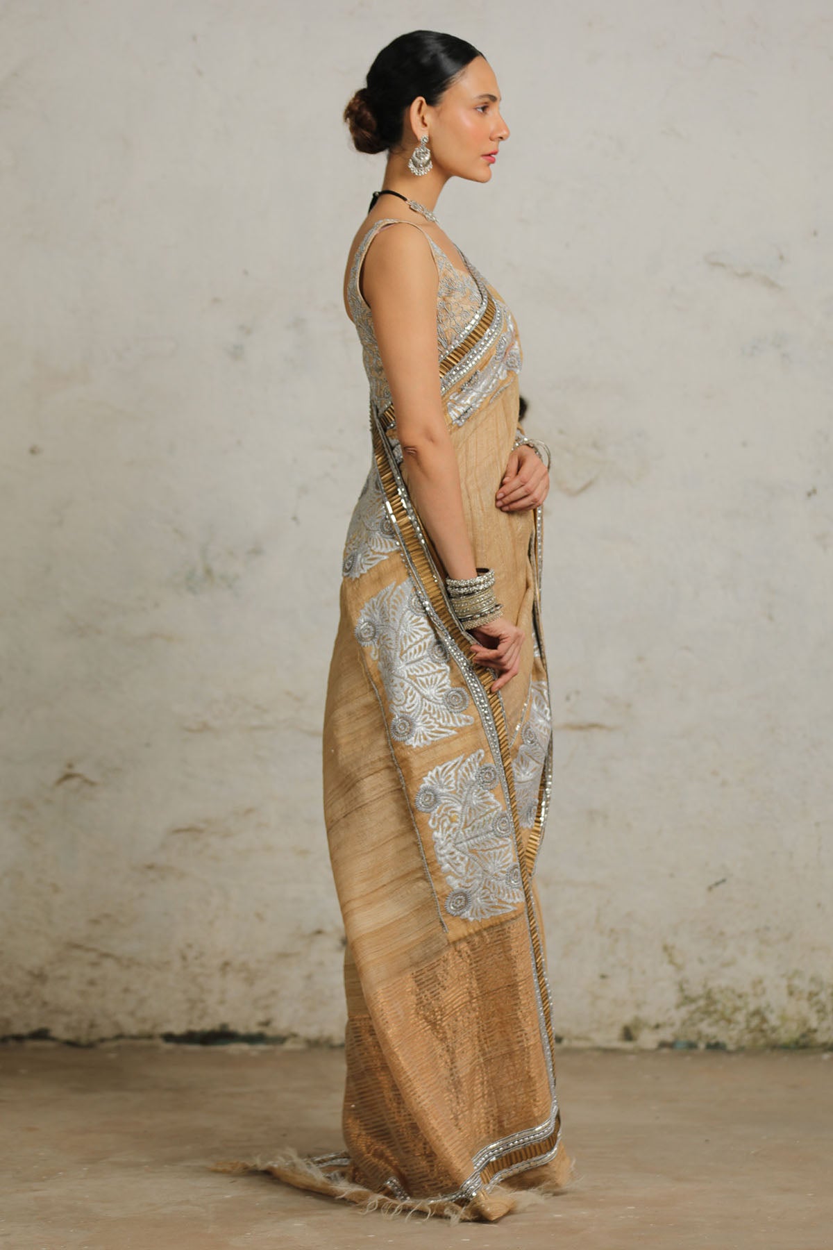 Beige Applique Saree & Blouse