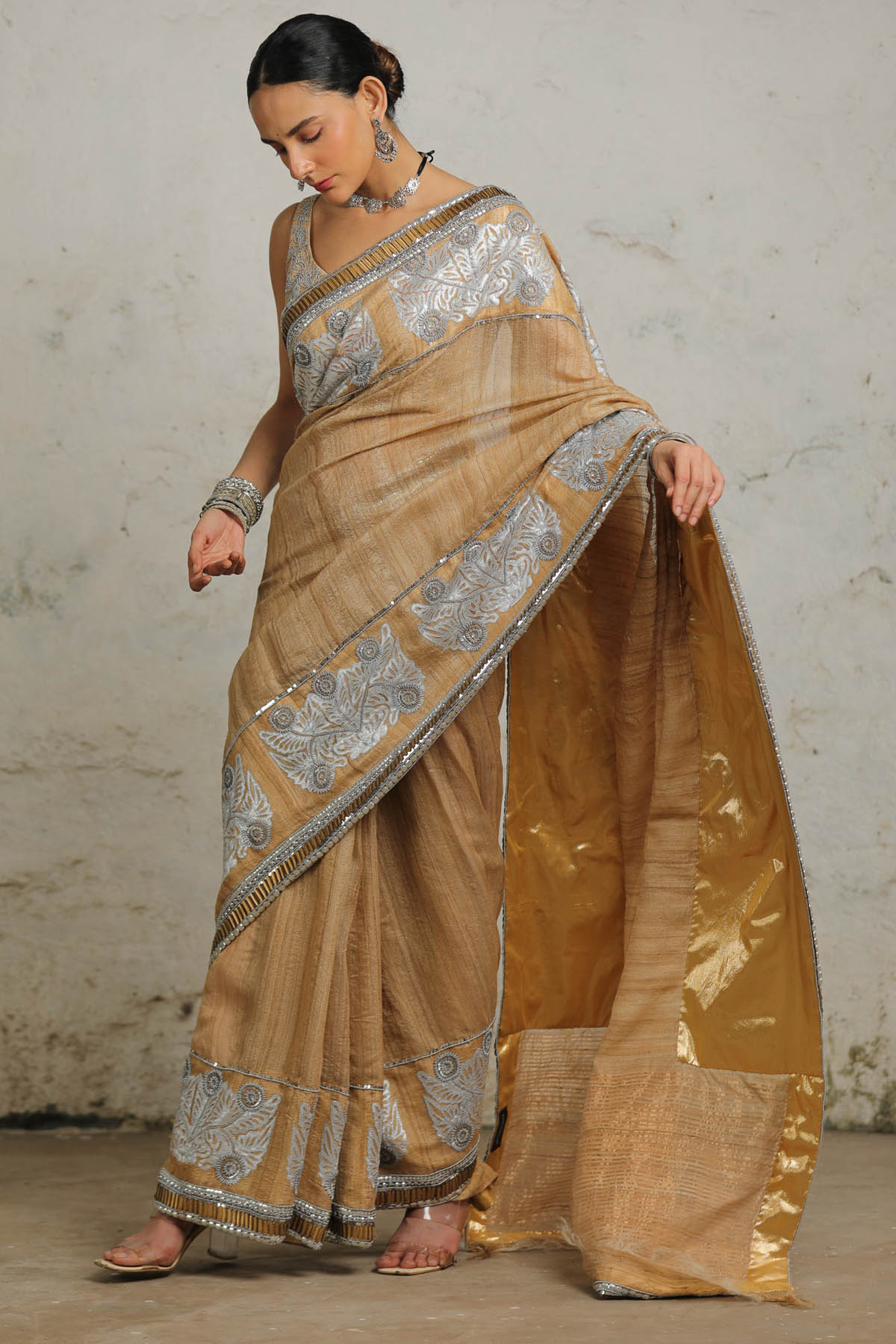 Beige Applique Saree & Blouse