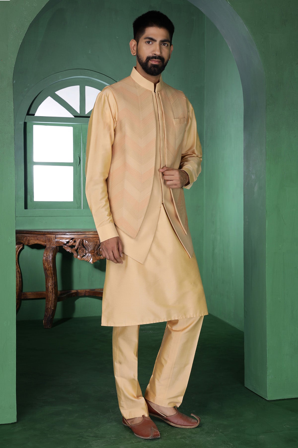 Beige Asymmetric Kurta & Pants