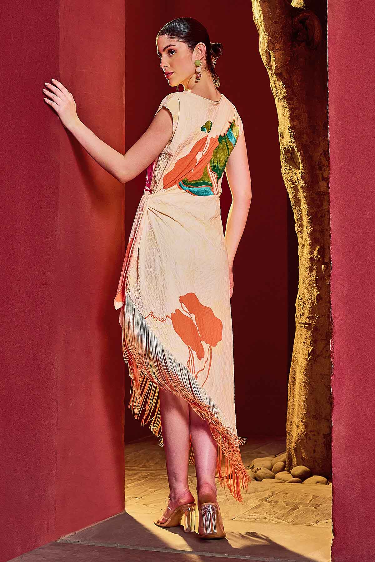 Beige Asymmetrical Midi Dress