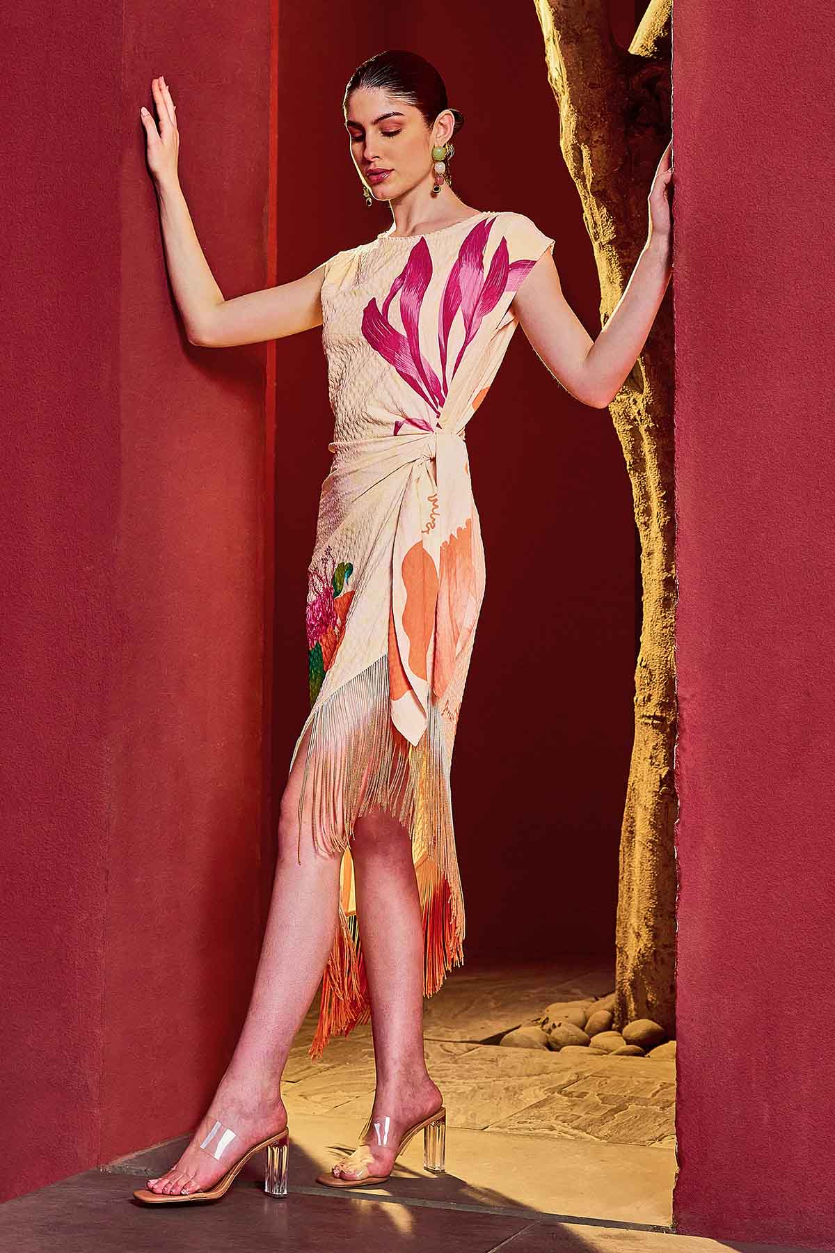 Beige Asymmetrical Midi Dress