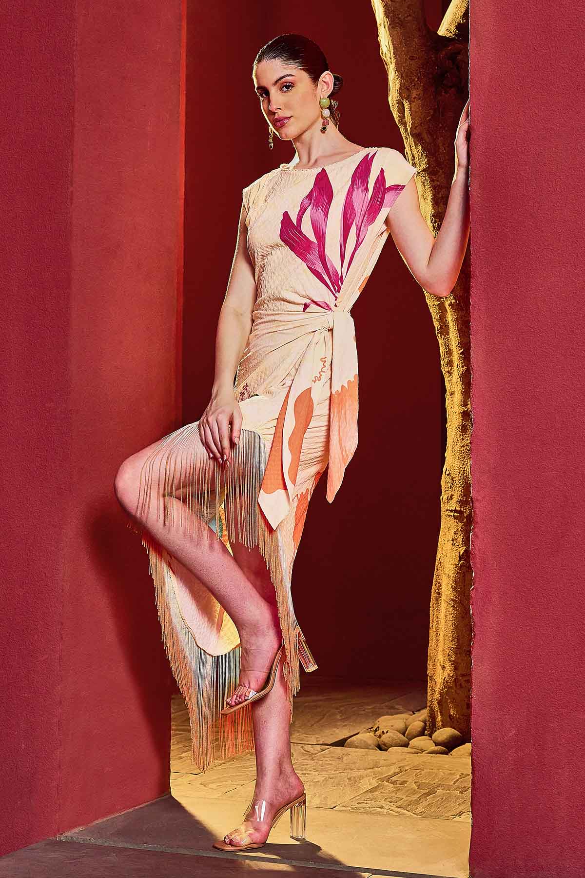 Beige Asymmetrical Midi Dress