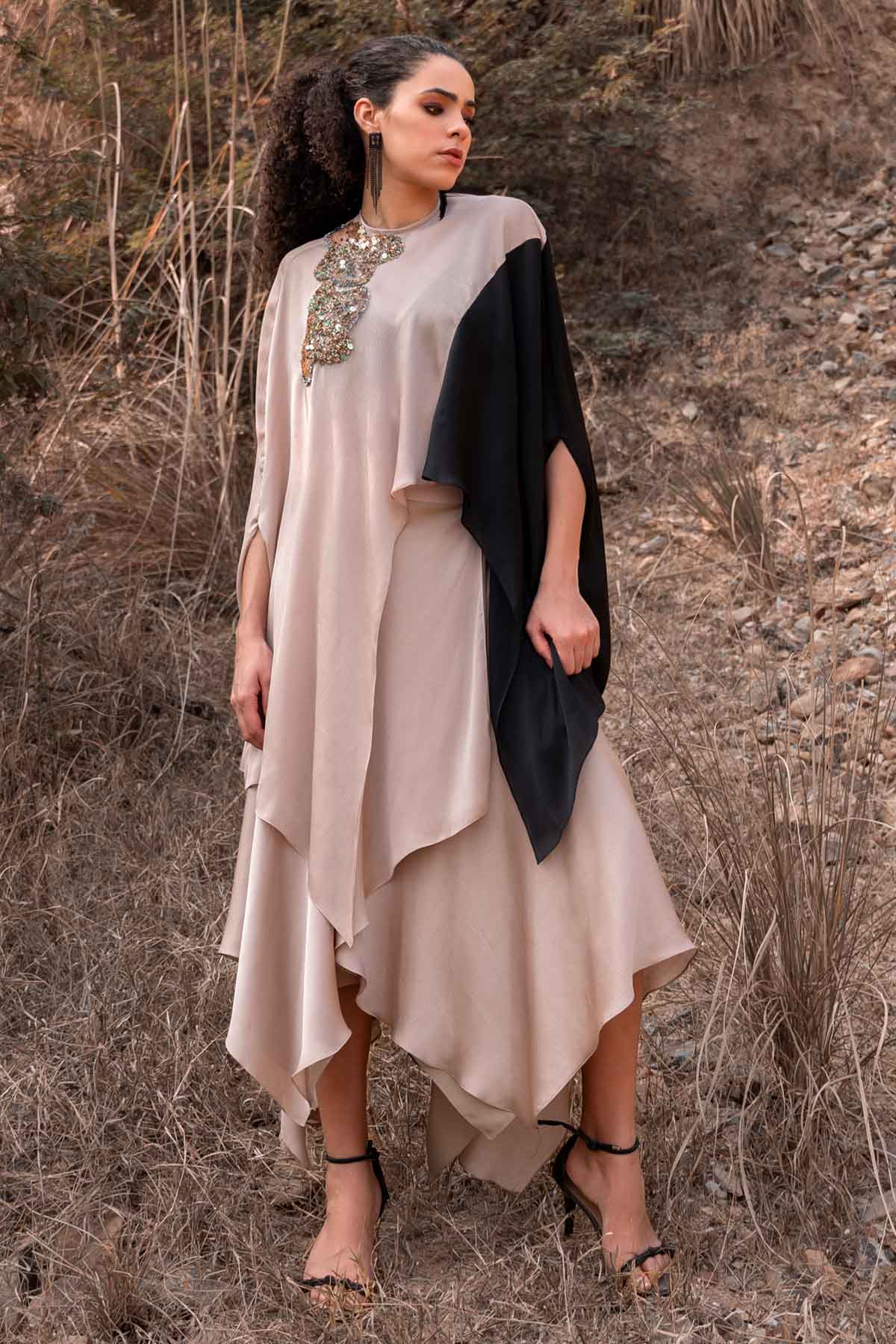 Kaprapan Beige Asymmetrical Skirt Set for women online at ScrollnShops
