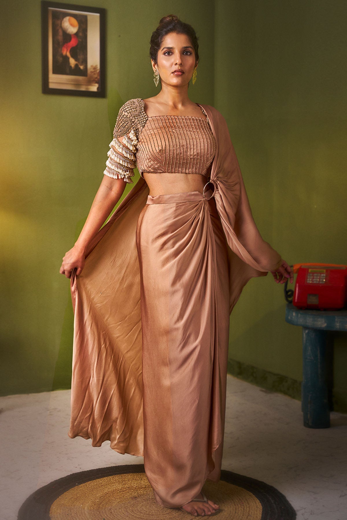 Buy Beige Bamber Satin Indo-Western for women by Ricka Gauba online available at scrollnshops