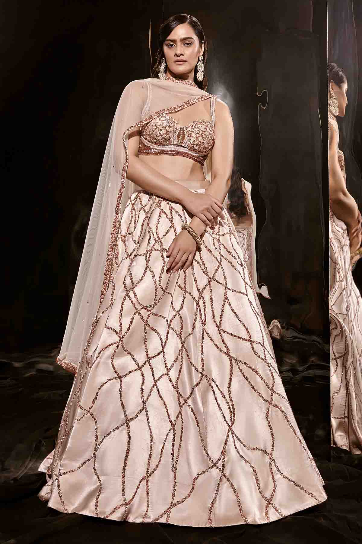 Buy Beige Beads Work Lehenga Set by Masumi Mewawalla for women online at ScrollnShops