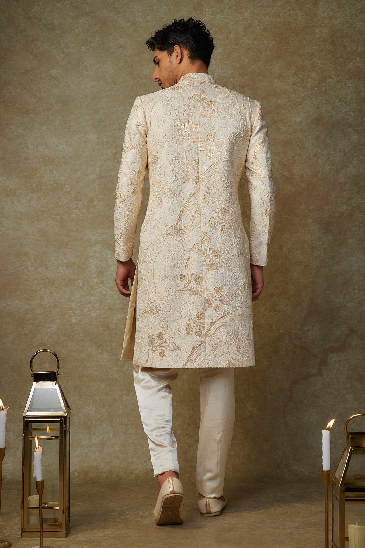 Beige Beads Work Sherwani Set