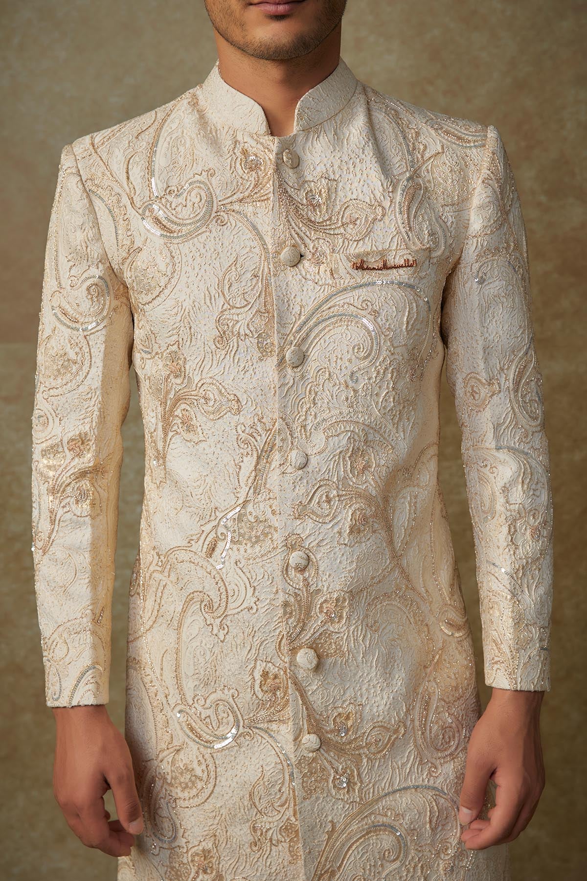Beige Beads Work Sherwani Set