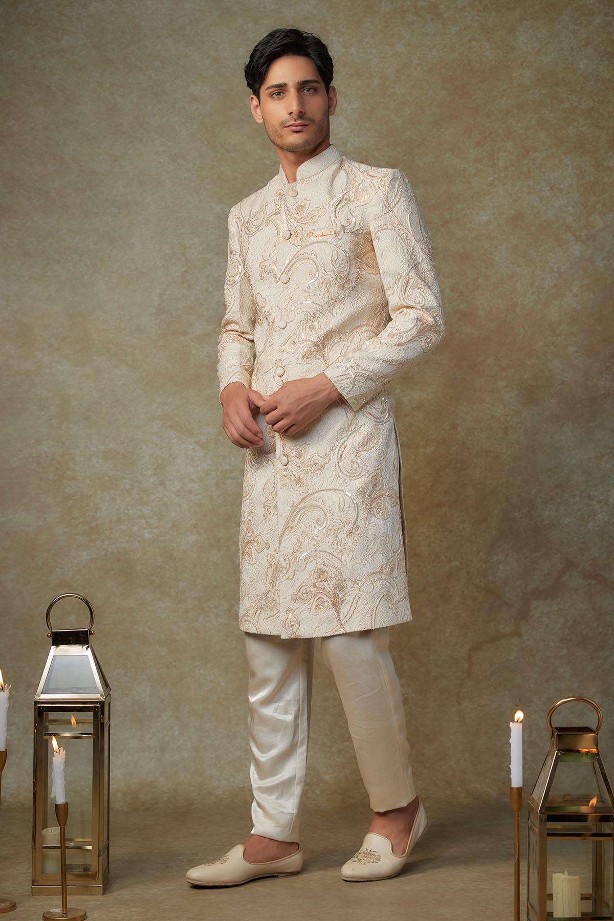 Beige Beads Work Sherwani Set