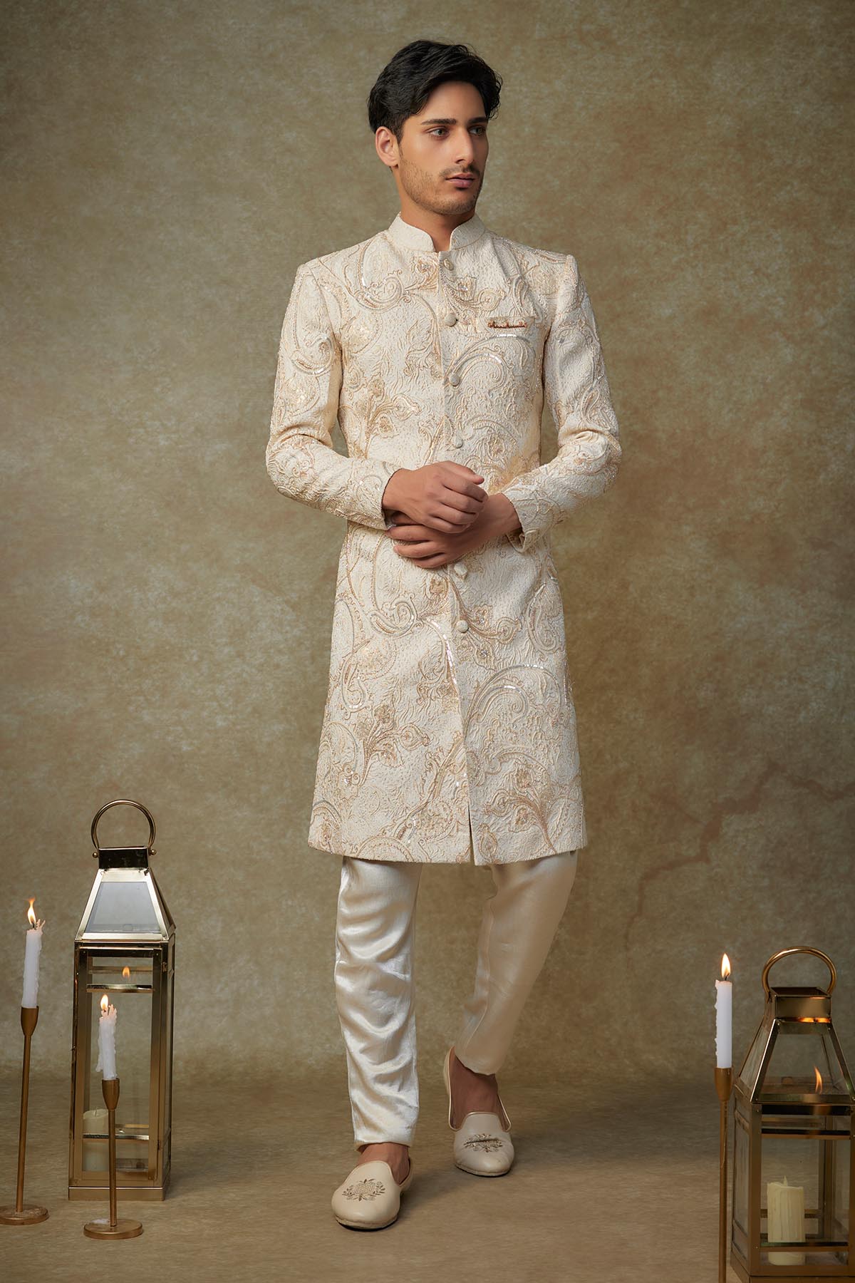 Buy Beige Beads Work Sherwani Set by Masumi Mewawalla for men online at ScrollnShops