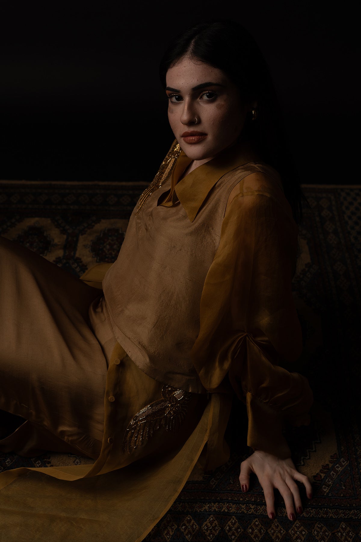 Beige Bird Embroidered Dress