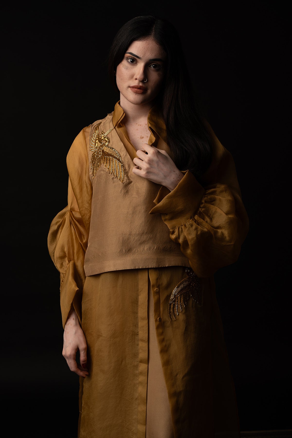 Beige Bird Embroidered Dress