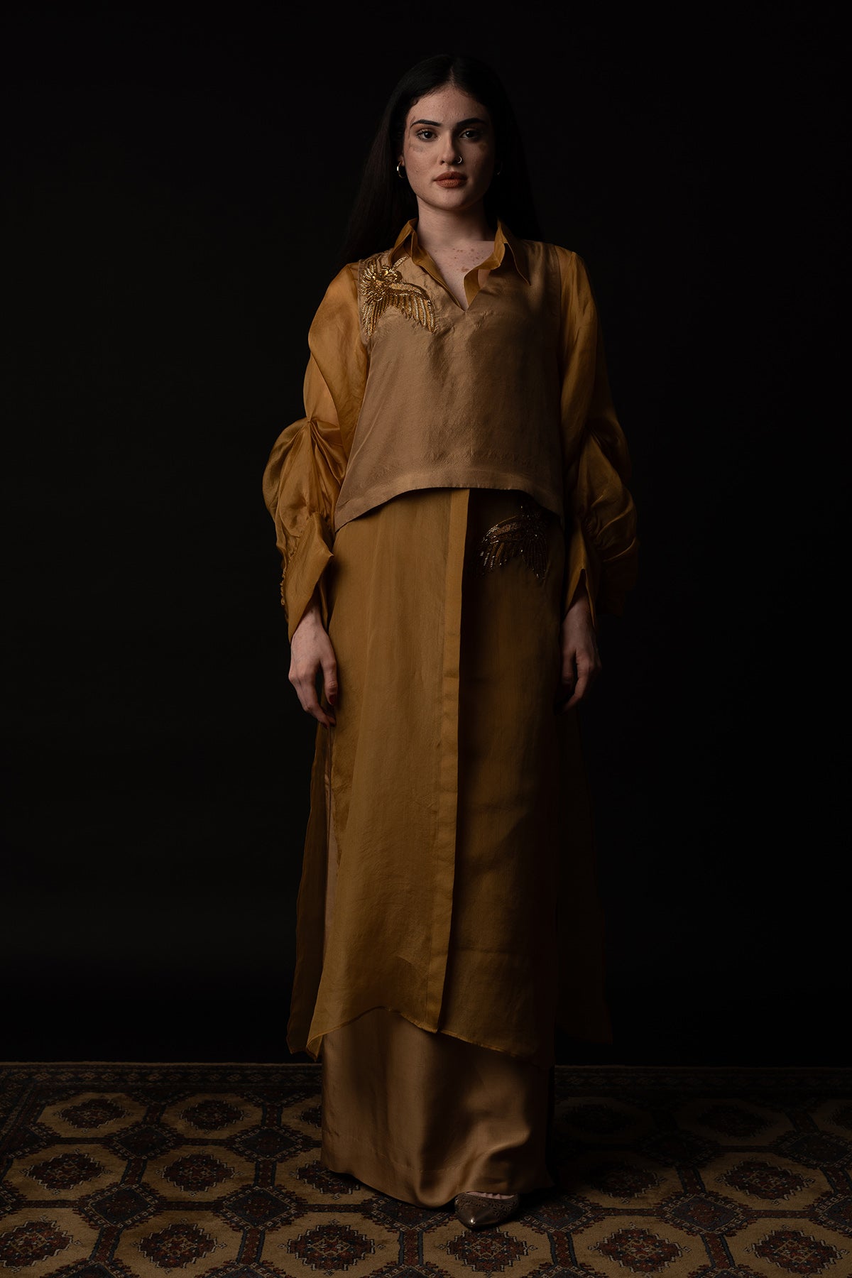 Beige Bird Embroidered Dress