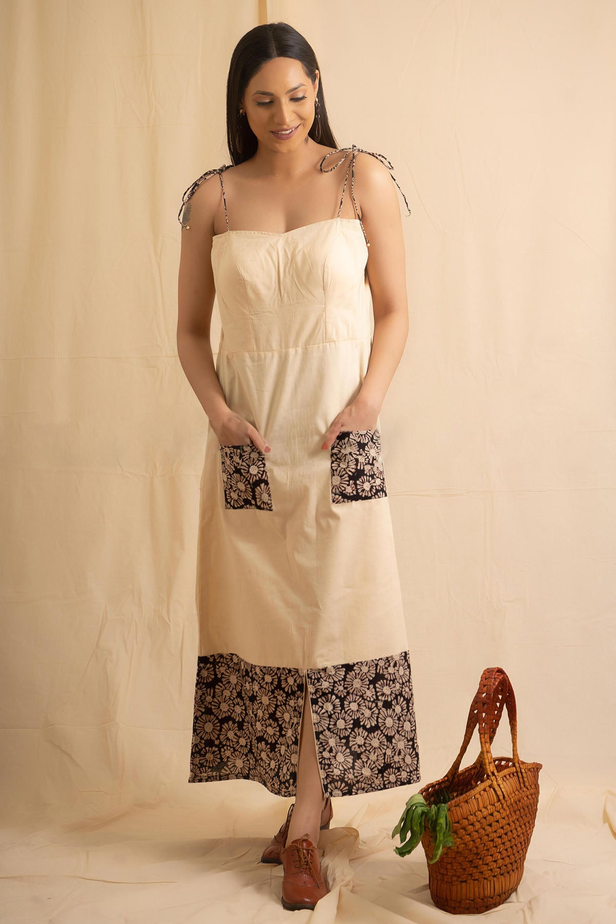 Buy Beige & Black Bagru Print Dress for Women Online