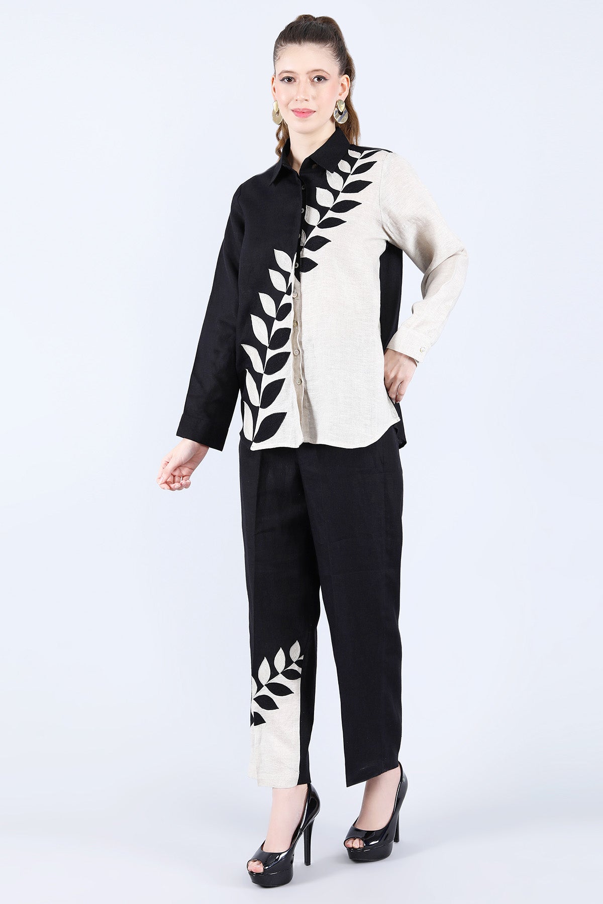 Beige & Black Leaf Co-ord Set