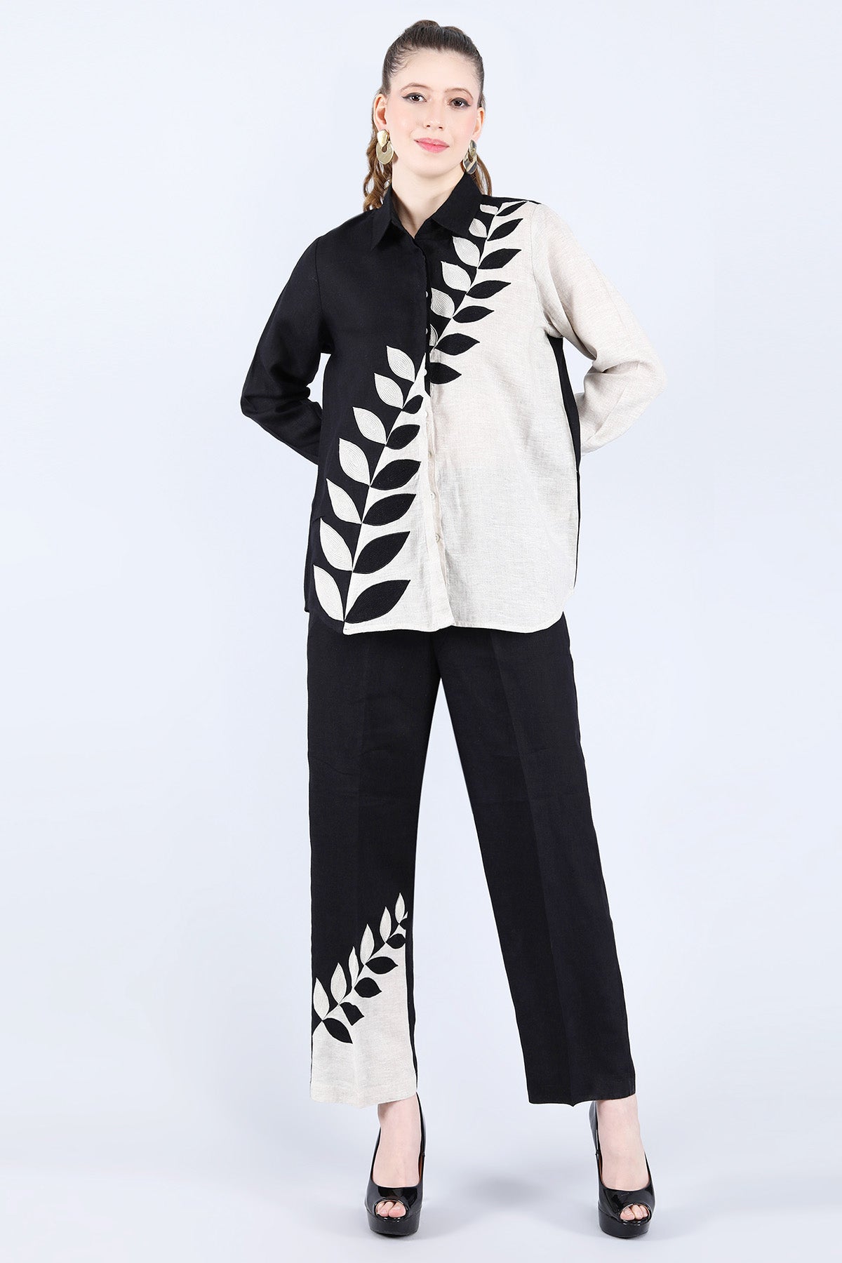 Buy Linen Bloom Beige & Black Leaf Co-ord Set for women online available at ScrollnShops