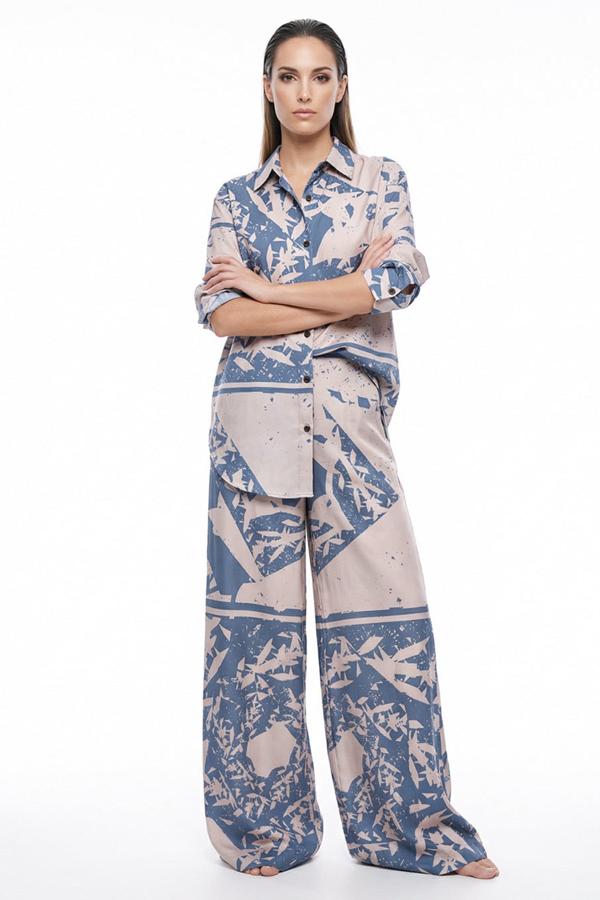 Beige & Blue Linen Blend Pant