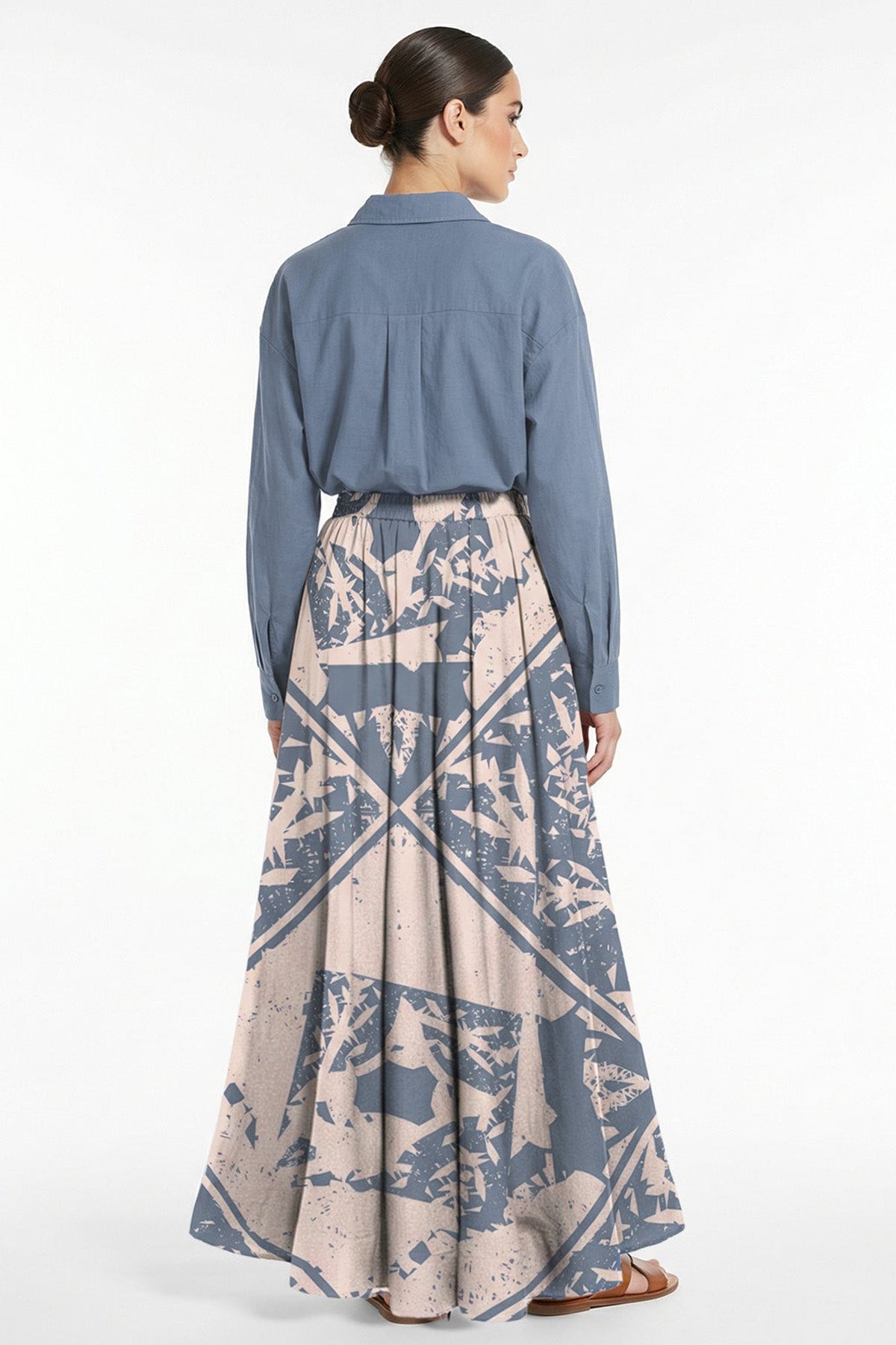 Beige & Blue Linen Blend Skirt