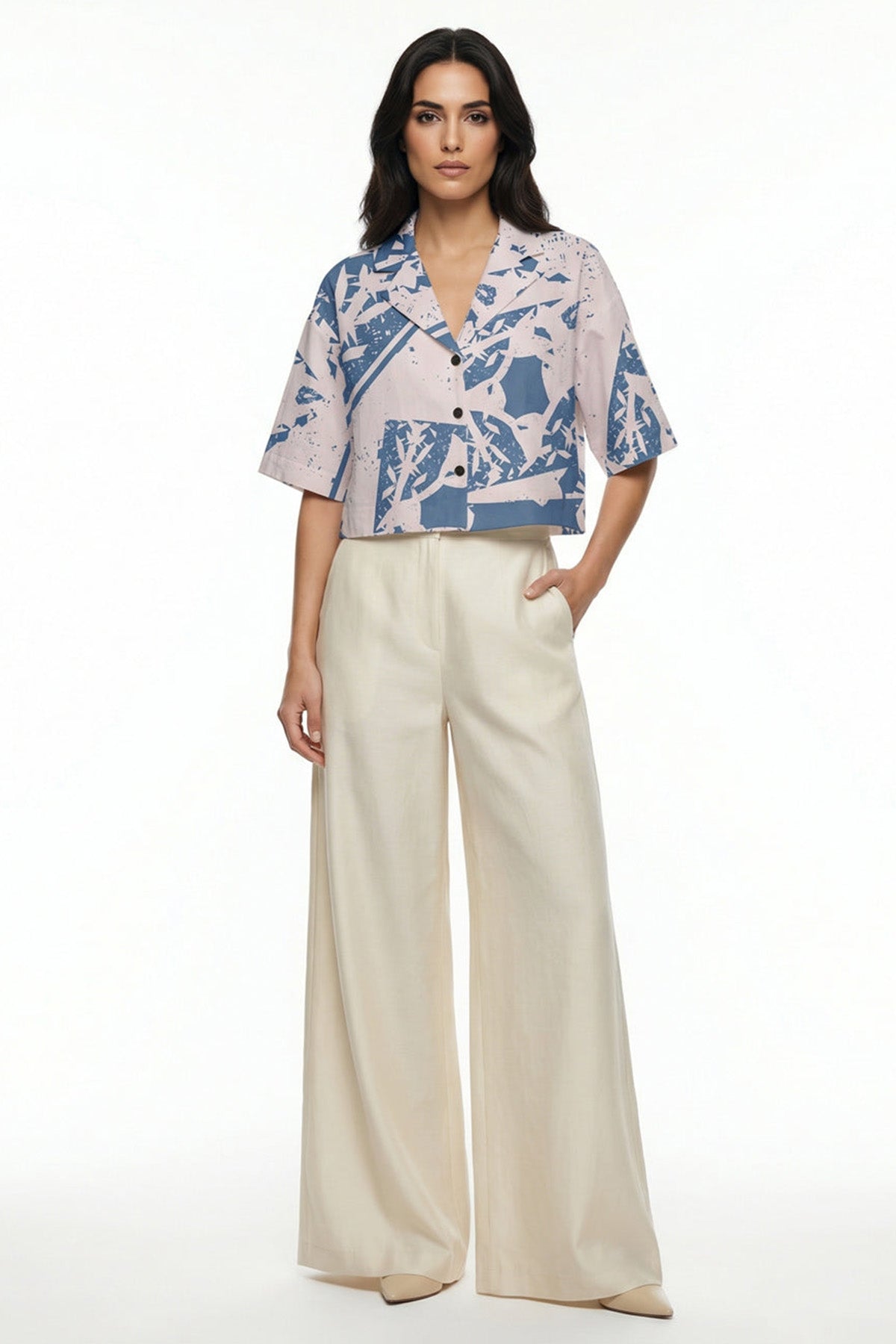 Beige & Blue Linen Crop Shirt