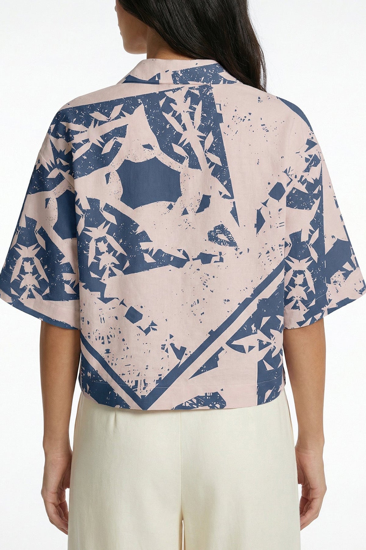 Beige & Blue Linen Crop Shirt
