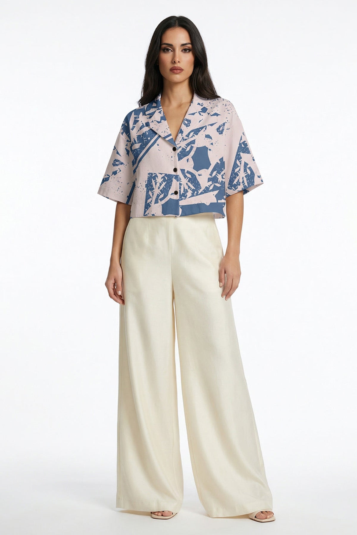 Buy Beige & Blue Linen Crop Shirt for women by Tezhhomayaa online available at scrollnshops