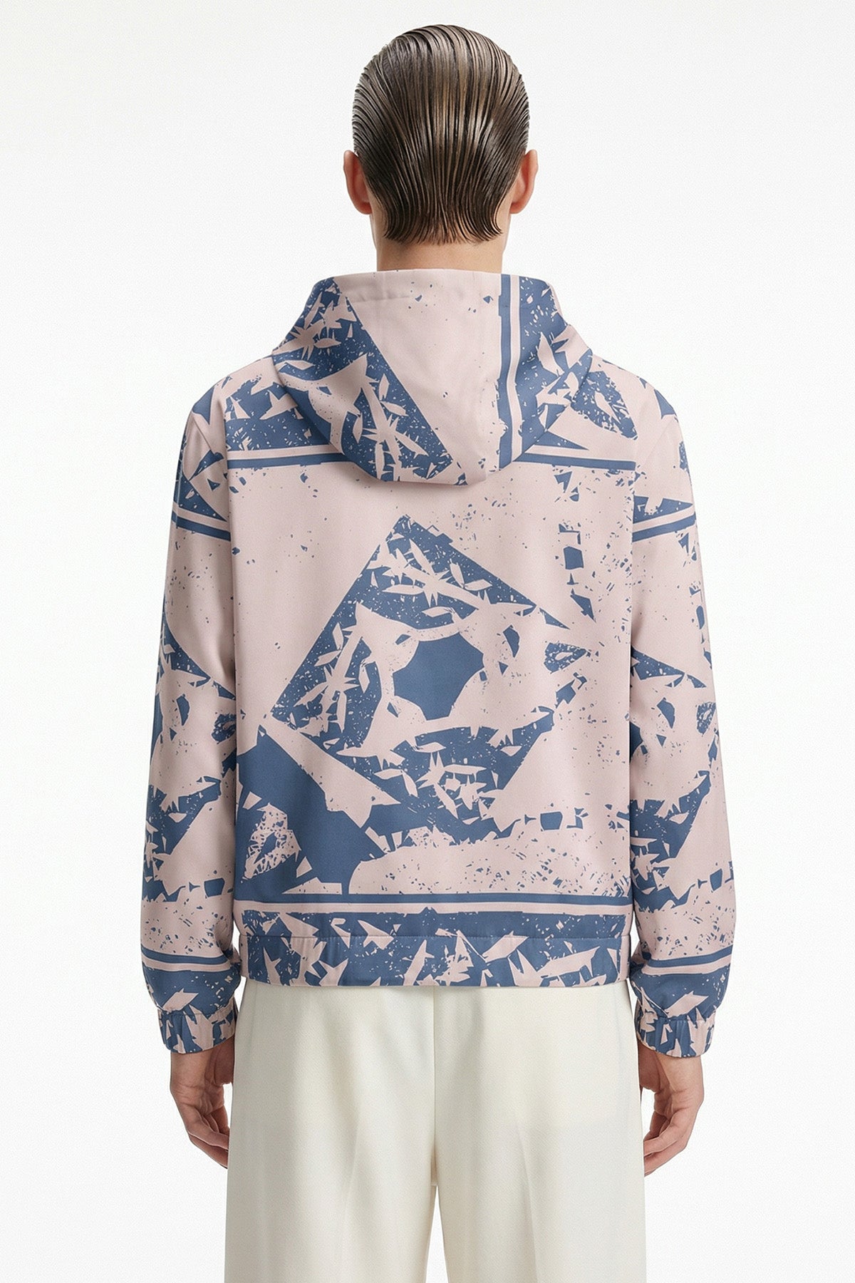 Beige Blue Linen Hooded Jacket