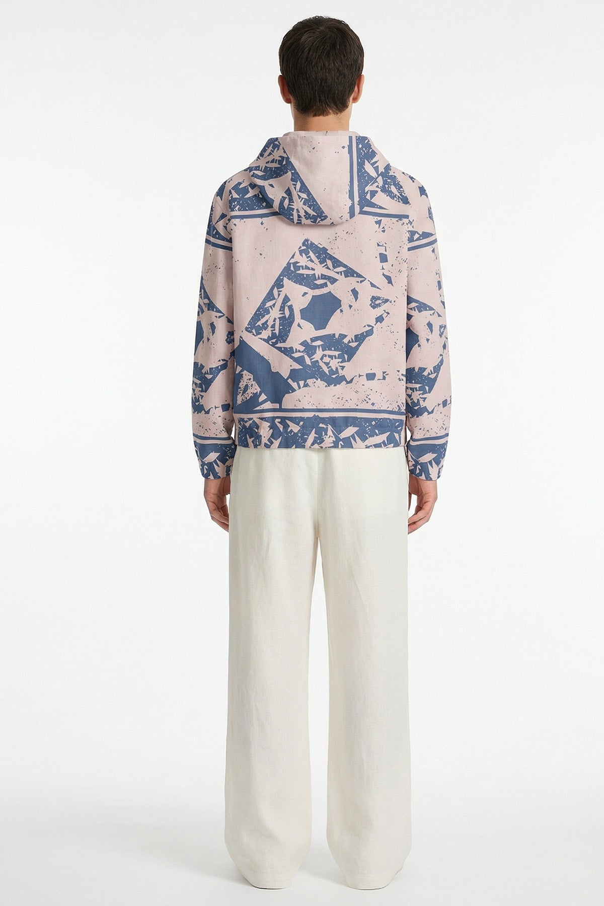 Beige Blue Linen Hooded Jacket