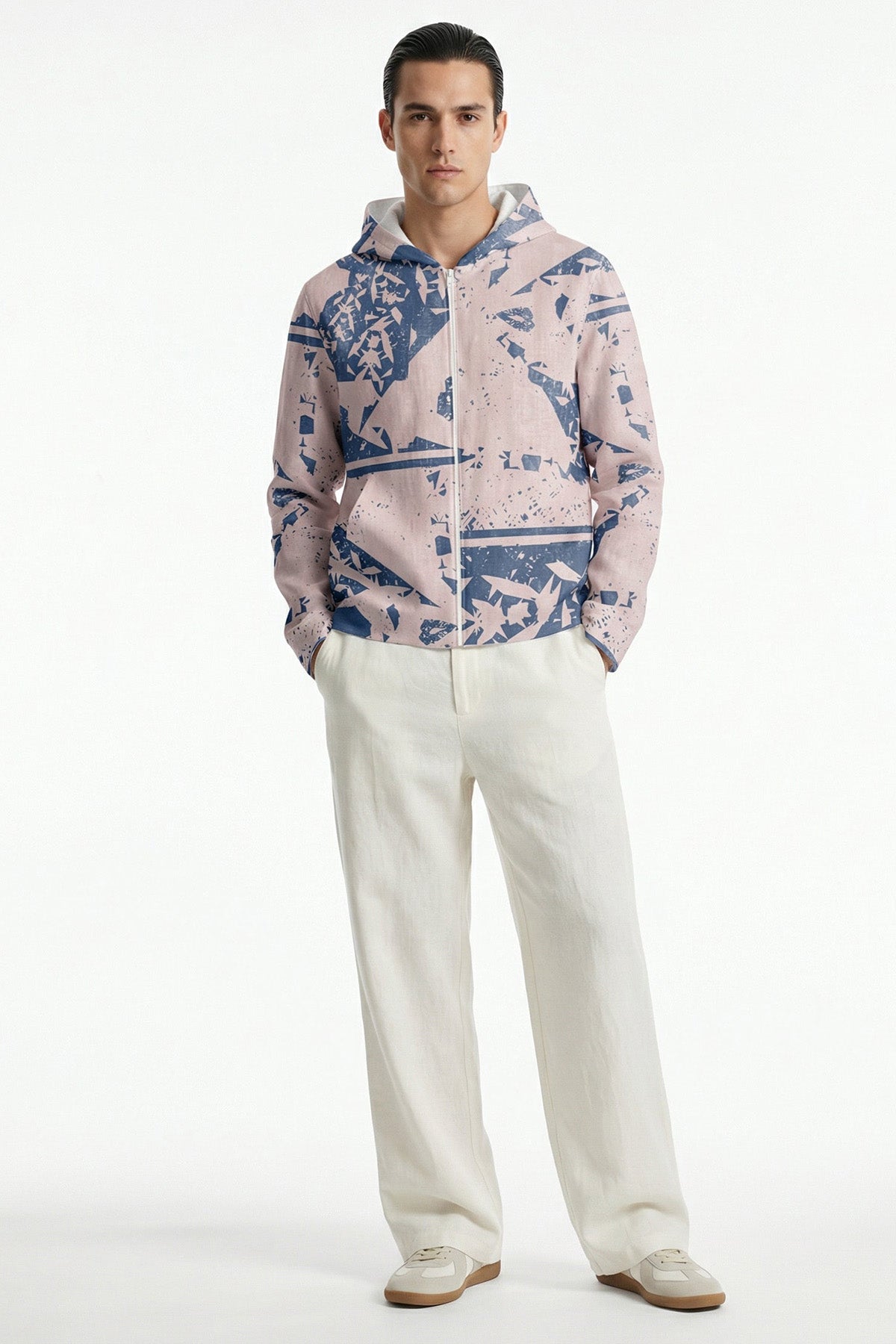 Beige Blue Linen Hooded Jacket