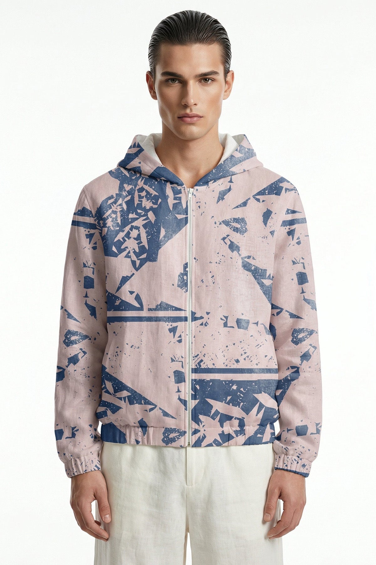 Buy Beige Blue Linen Hooded Jacket for men by Tezhhomayaa online available at scrollnshops